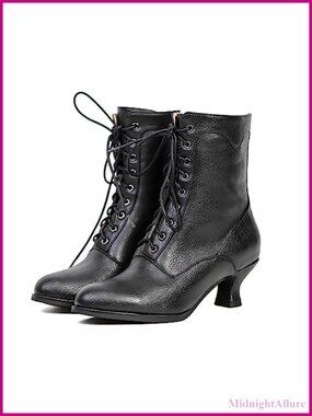 Women's Victorian Ankle Boots Mid Calf Round Toe Chunky Heel Lace Up